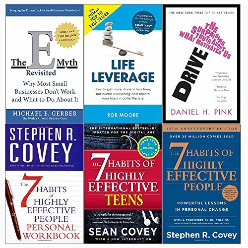 E-myth revisited, drive, life leverage, 7 habits of highly effective people and teens and personal workbook 6 books collection set